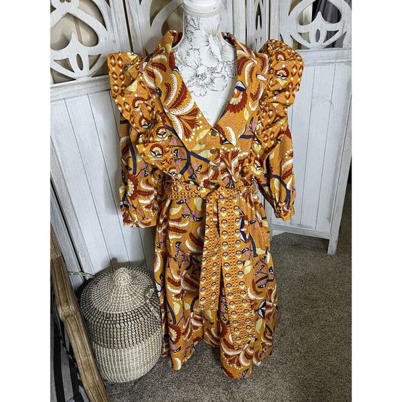 FARM Rio Dresses & Skirts - New! Farm Rio Yellow Palms Party Women’s Dress Ruffle Statement Size XL